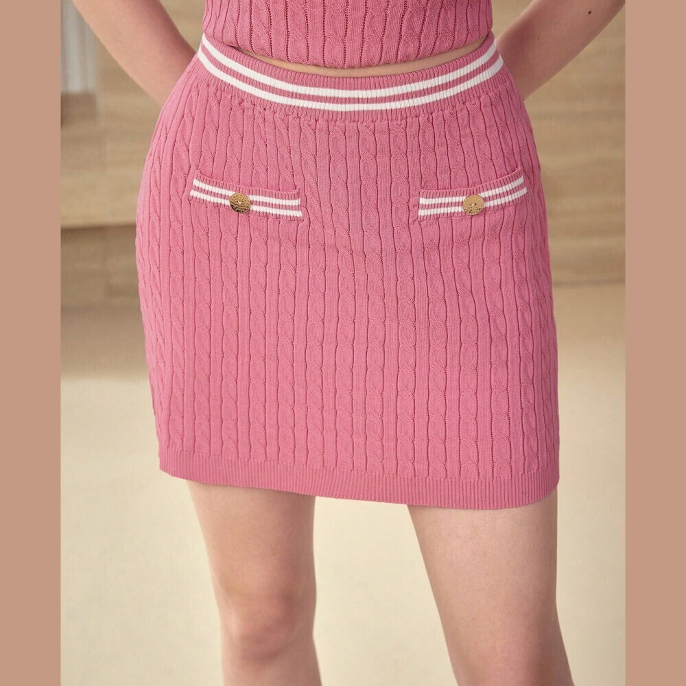 Pink Cable Knit Mini Skirt with Striped Trim and Gold Buttons